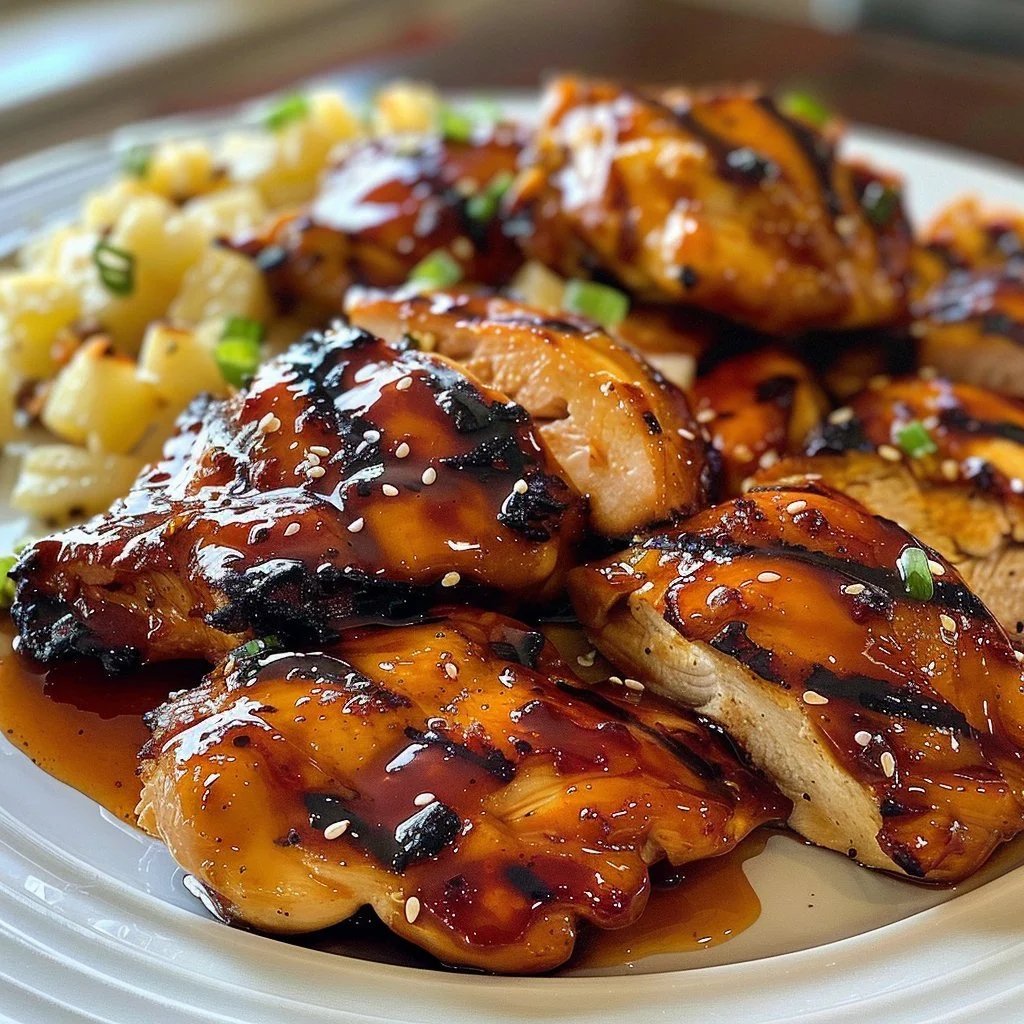 Sweet grilled teriyaki chicken served with rice and vegetables
